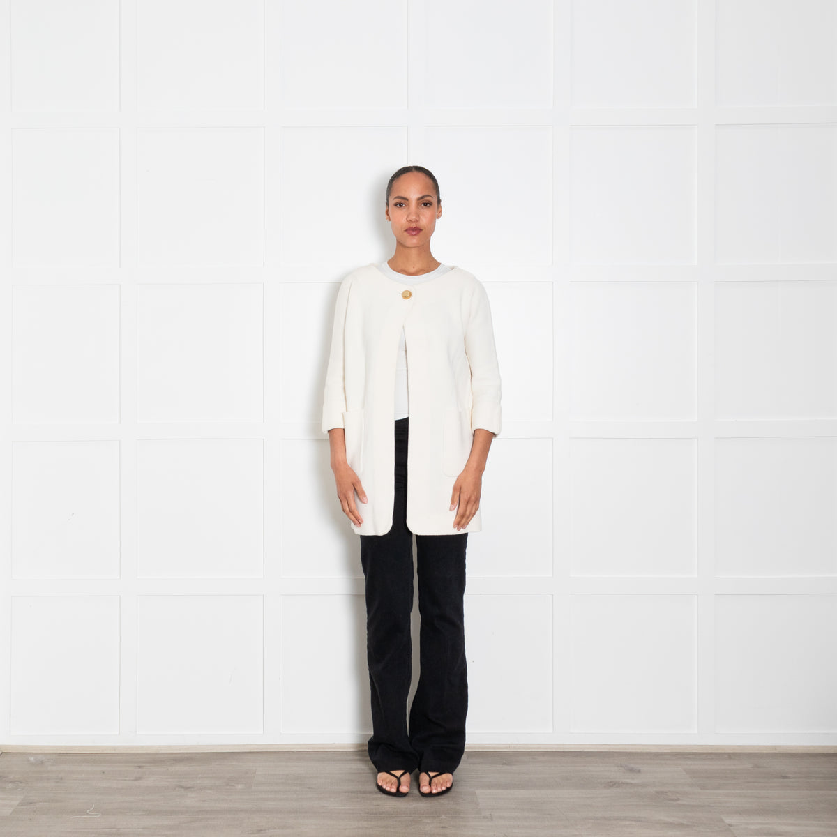 J & M Davidson Cream Wide Neck Knitted Long Jacket