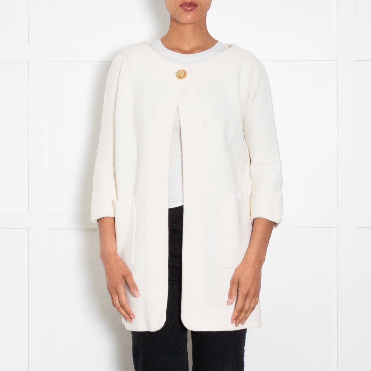 J & M Davidson Cream Wide Neck Knitted Long Jacket