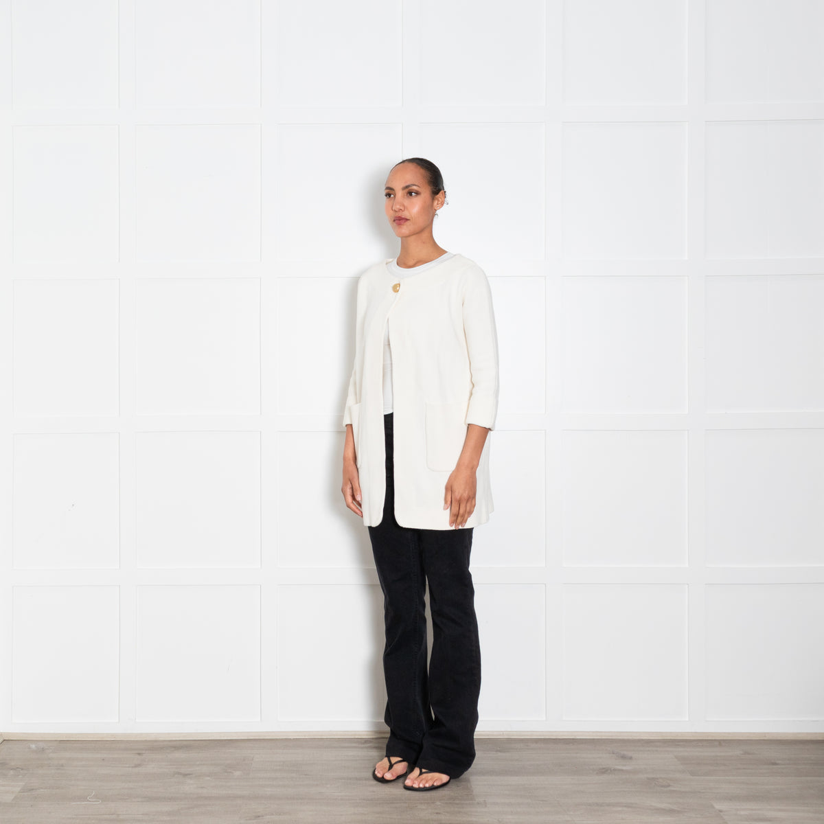 J & M Davidson Cream Wide Neck Knitted Long Jacket