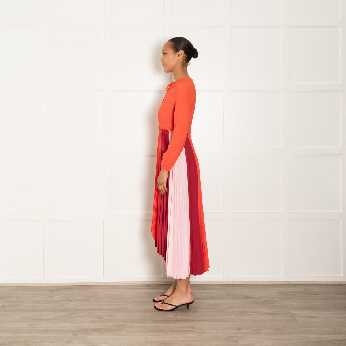 Maje Orange Burgundy Pink Pleated Sleeved Maxi Dress