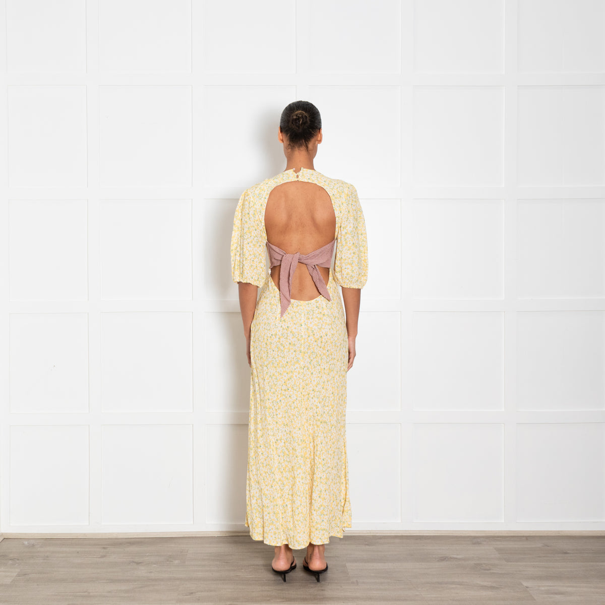 Rixo Yellow Floral Tea Dress with Gingham Tie Back