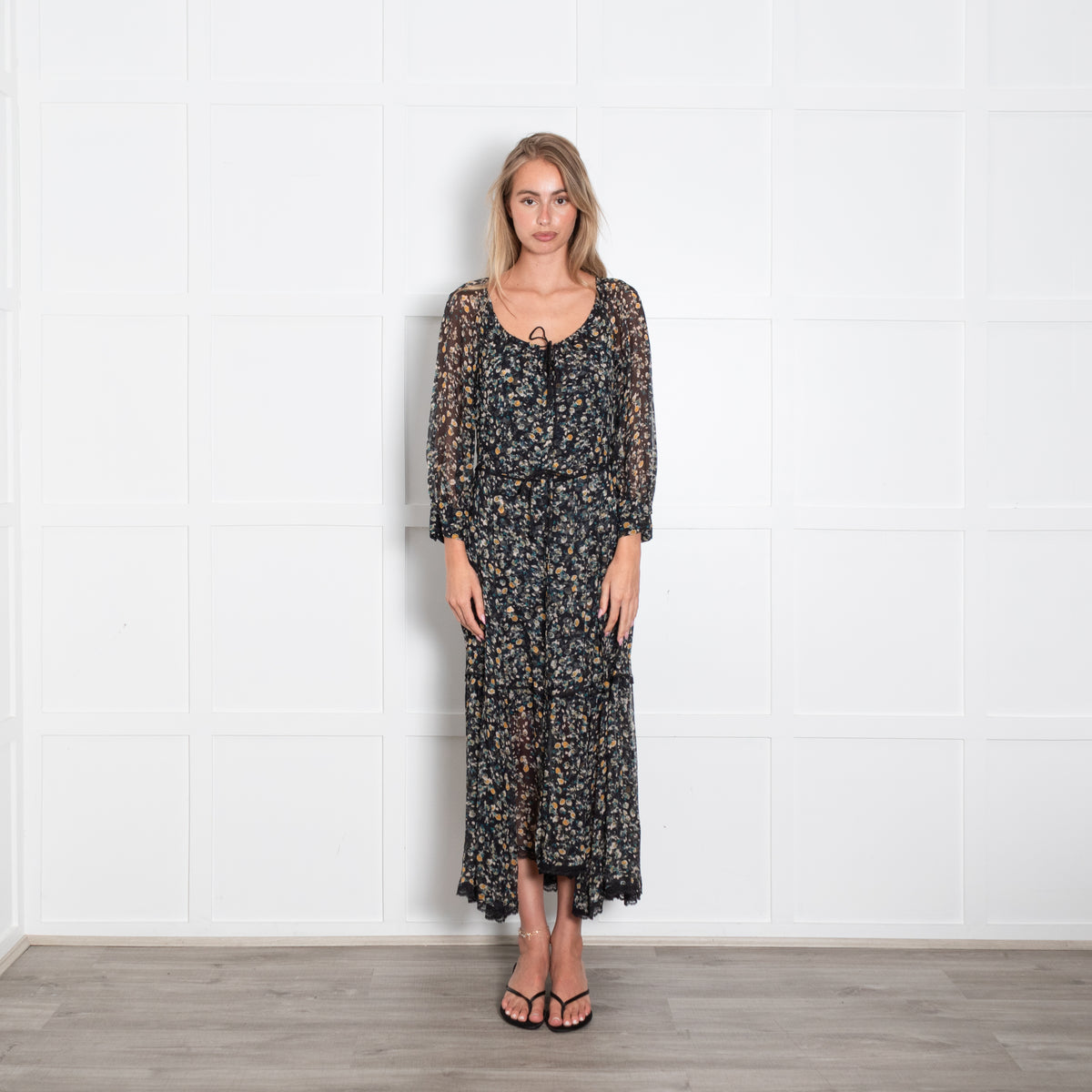 Dorothee Schumacher Sheer Green and Yellow Floral Tiered Maxi Dress