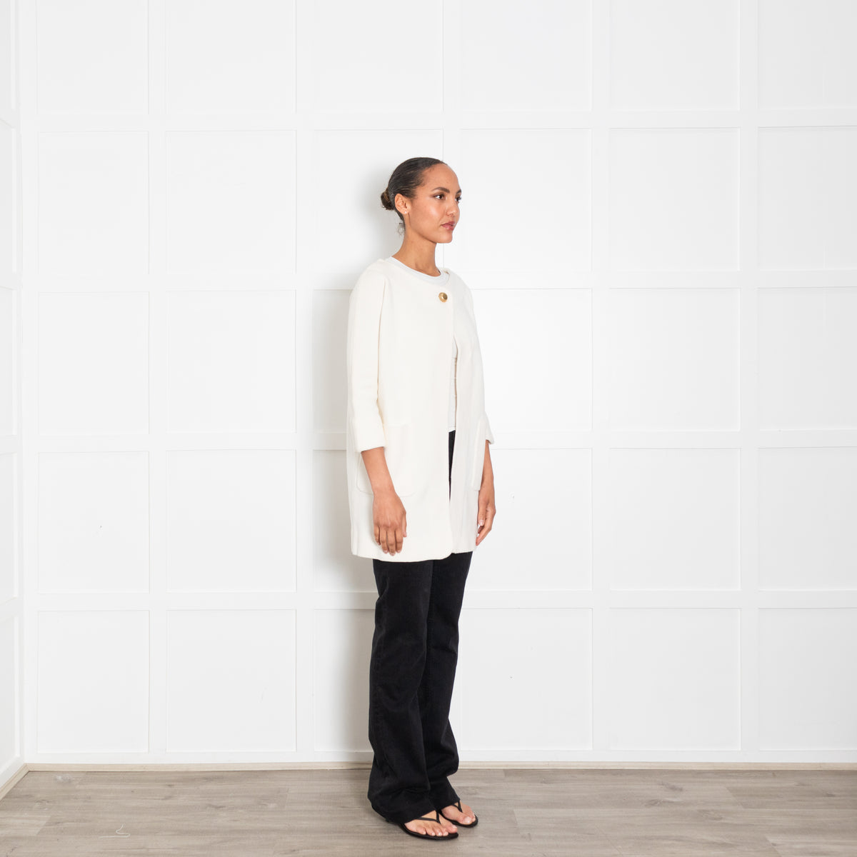 J & M Davidson Cream Wide Neck Knitted Long Jacket