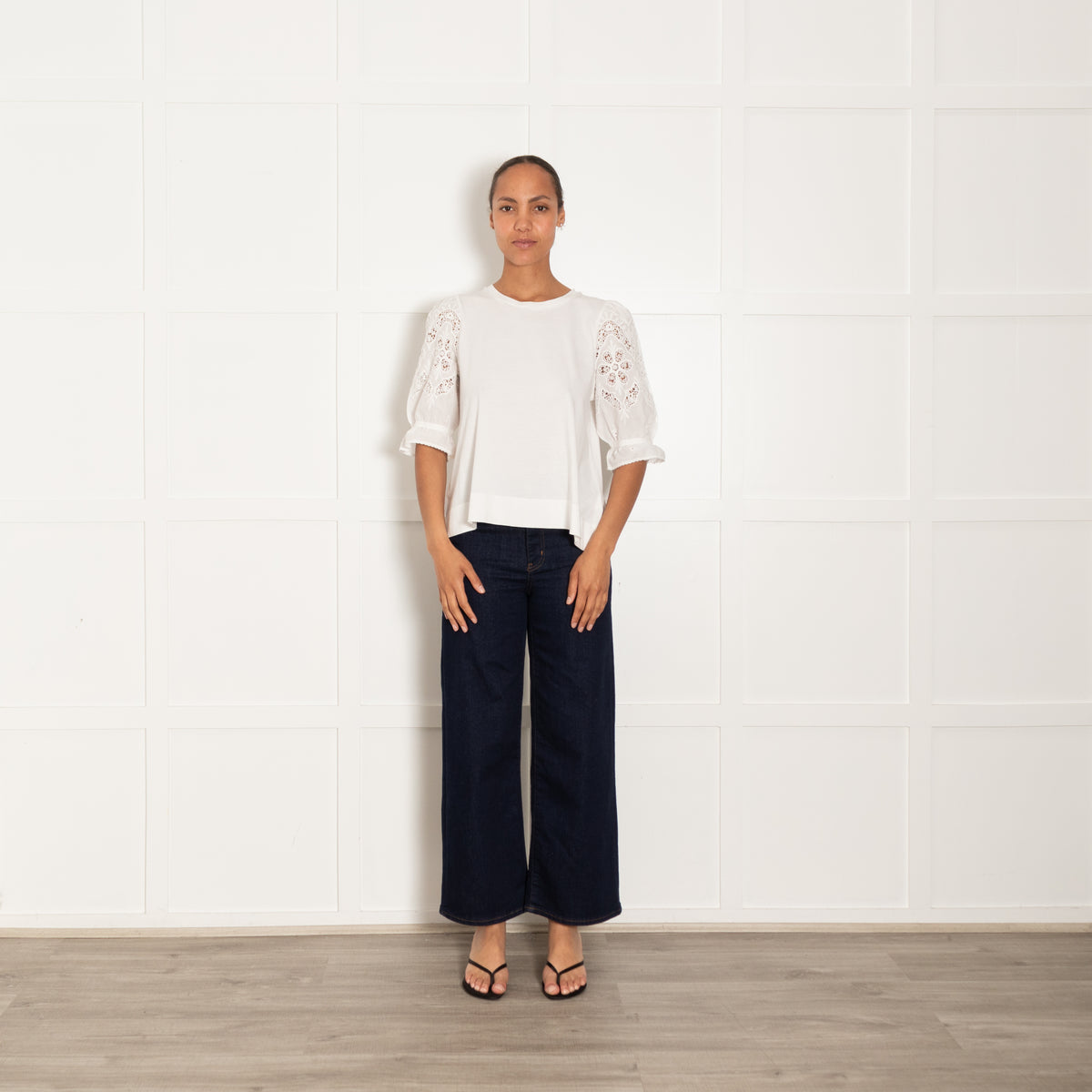 Me + Em White Cotton Top With Broderie Anglaise Sleeves