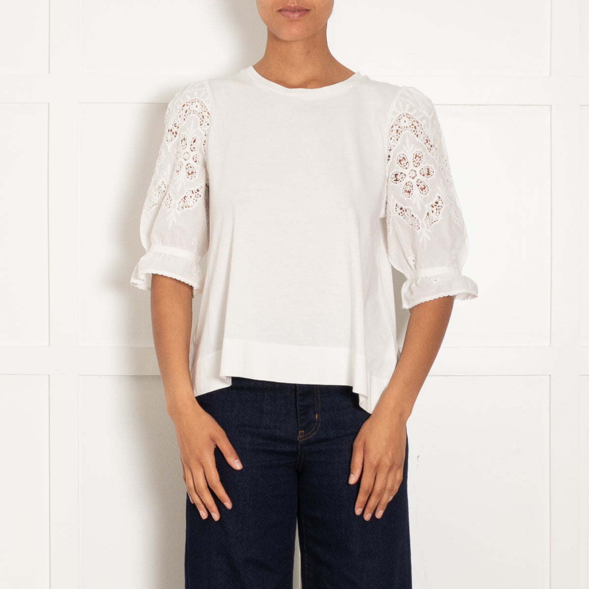 Me + Em White Cotton Top With Broderie Anglaise Sleeves