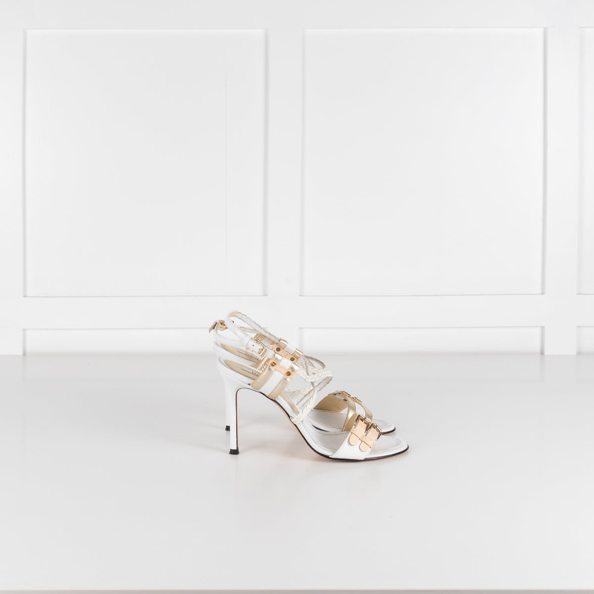 Versace White & Gold Plaited Strappy Buckle Heels