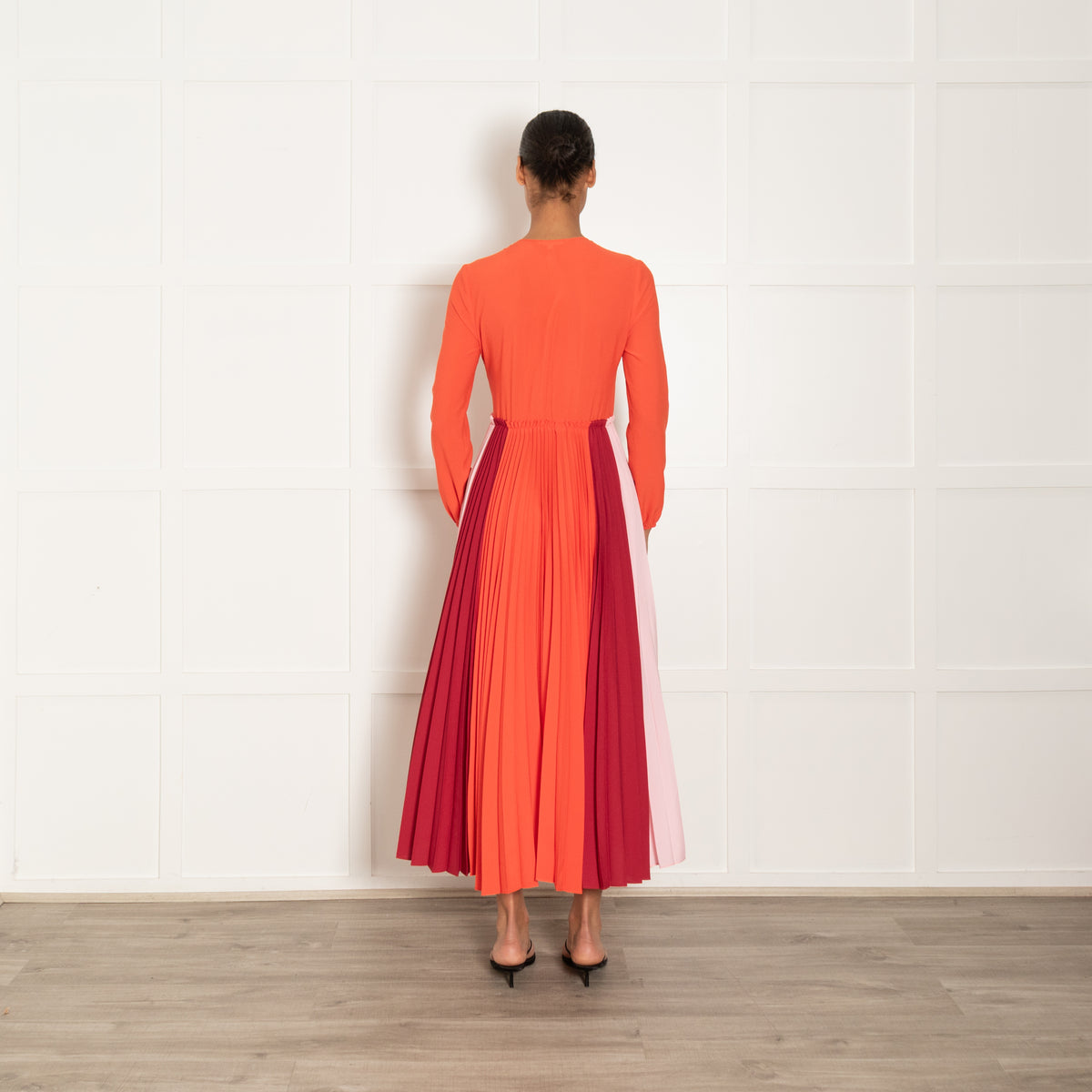Maje Orange Burgundy Pink Pleated Sleeved Maxi Dress