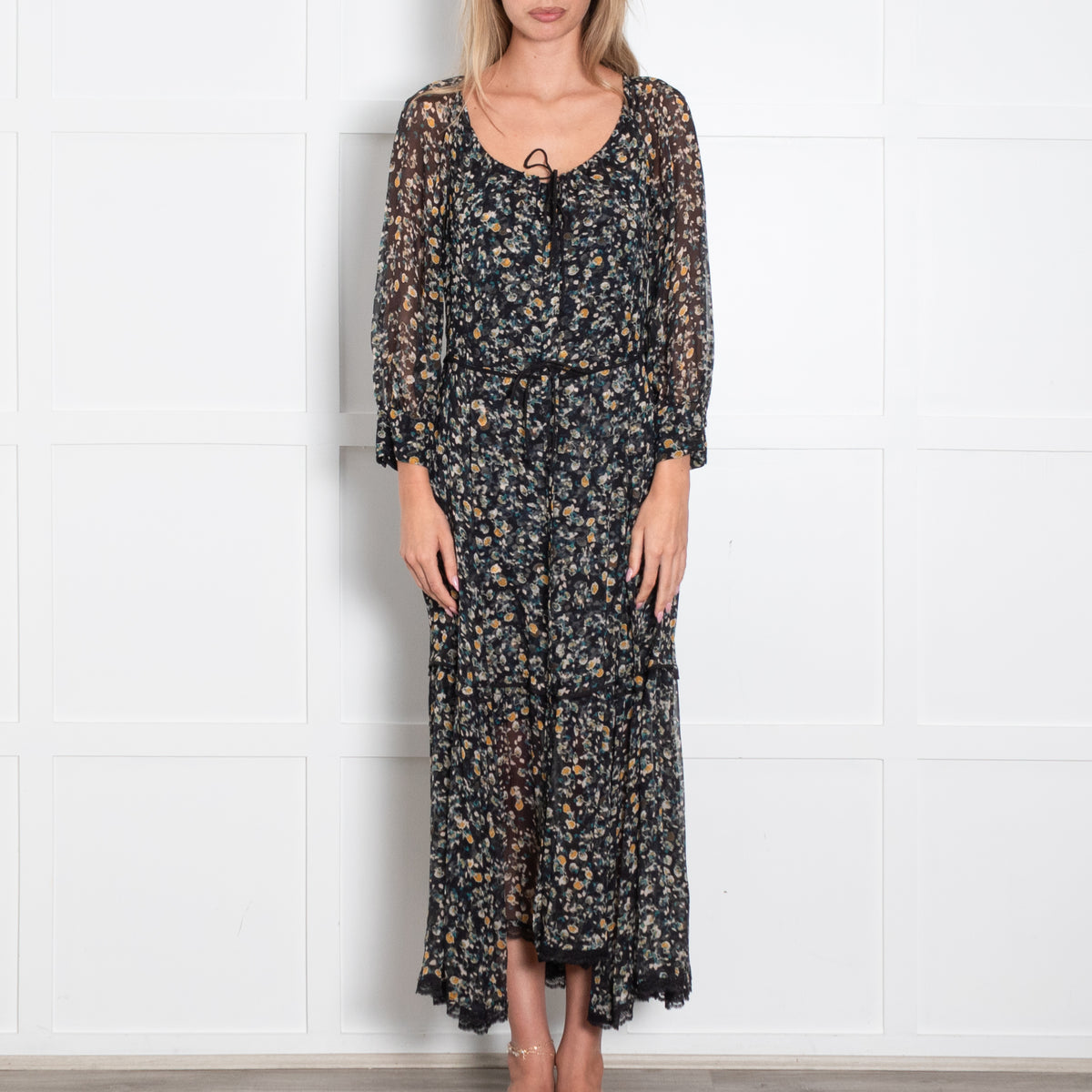 Dorothee Schumacher Sheer Green and Yellow Floral Tiered Maxi Dress