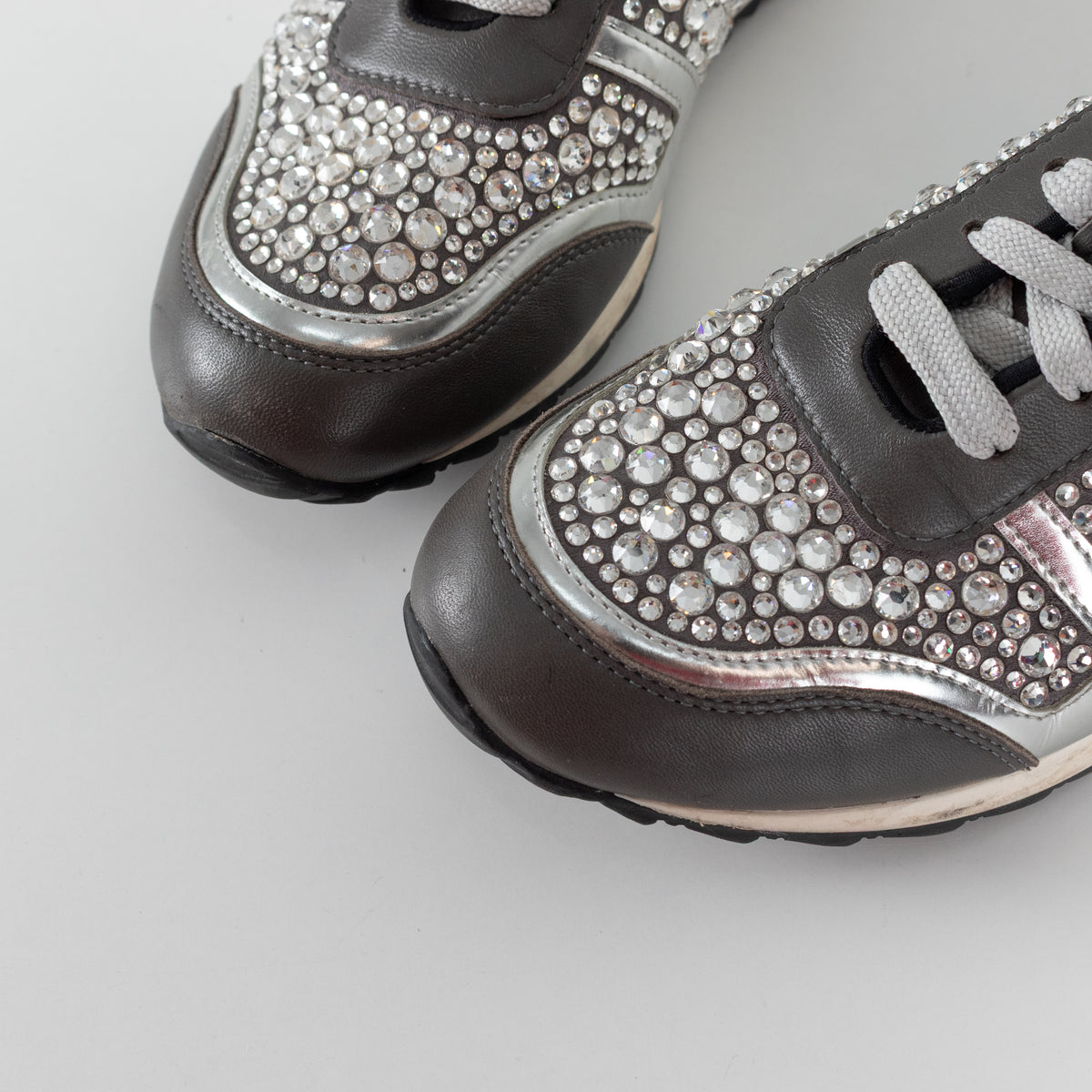 Gina Grey Leather Silver Diamanté Trainers