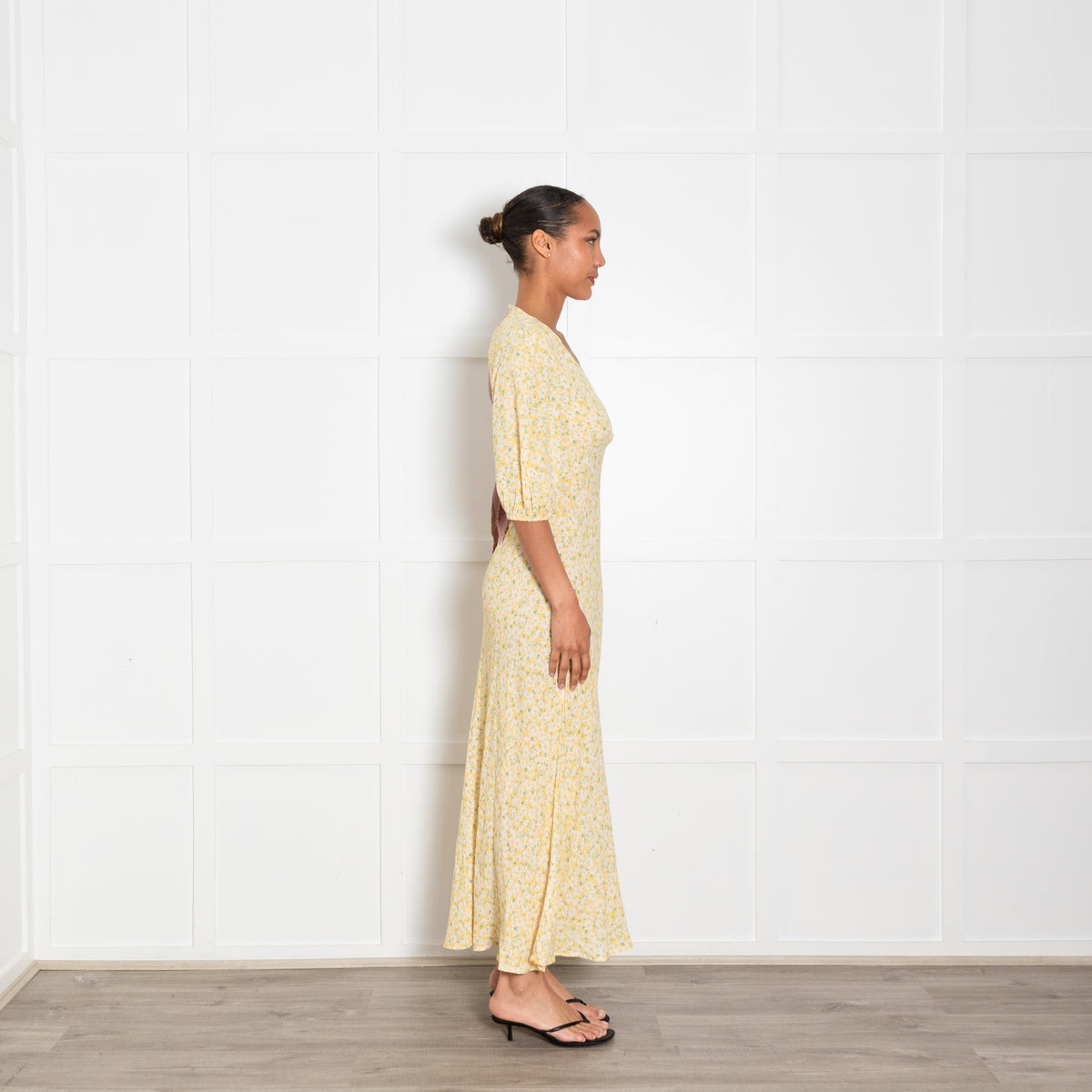 Rixo Yellow Floral Tea Dress with Gingham Tie Back