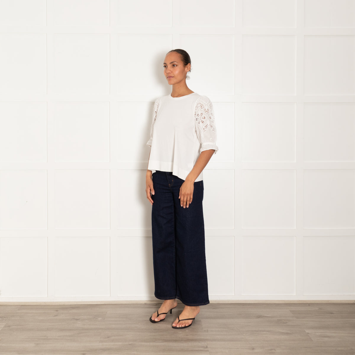 Me + Em White Cotton Top With Broderie Anglaise Sleeves
