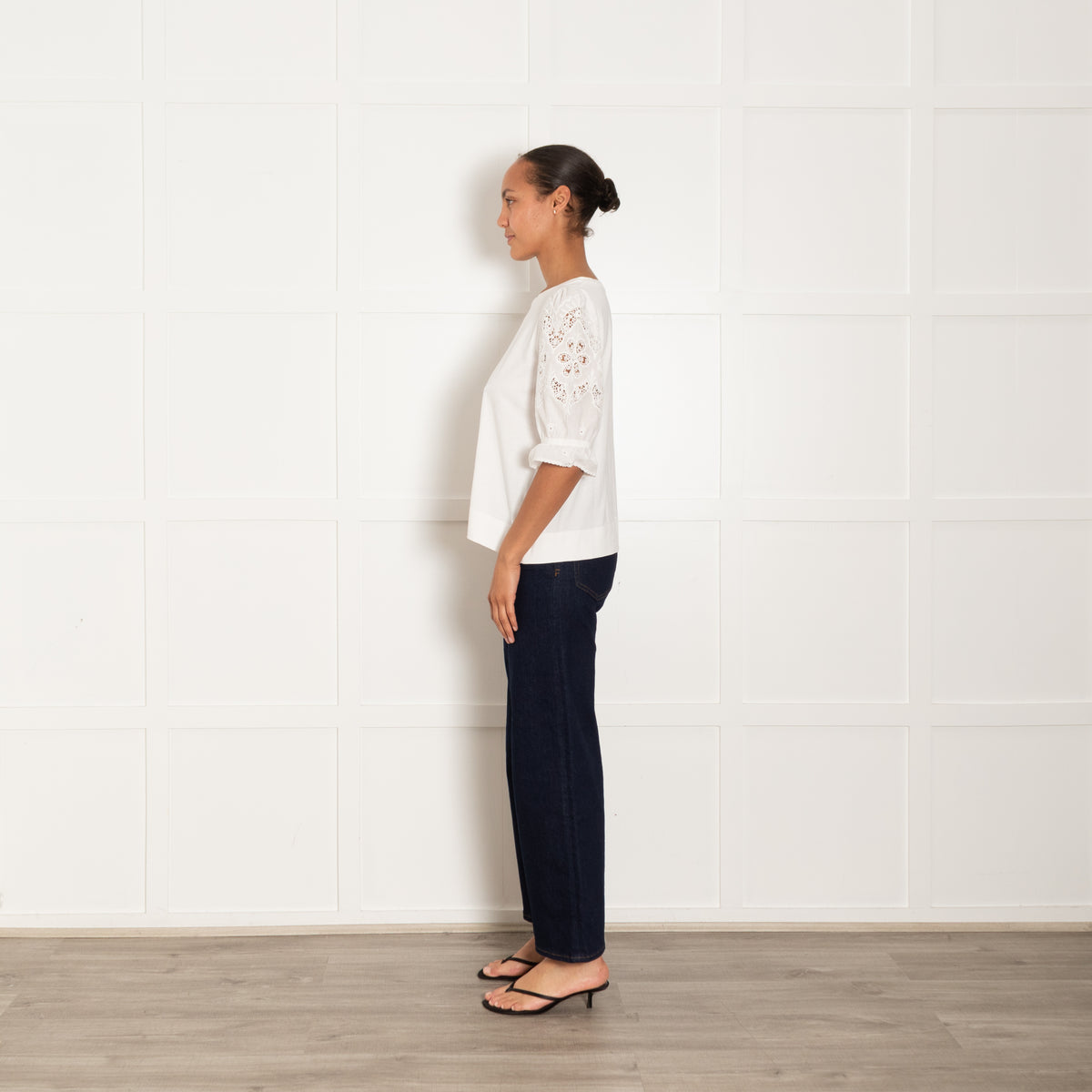 Me + Em White Cotton Top With Broderie Anglaise Sleeves