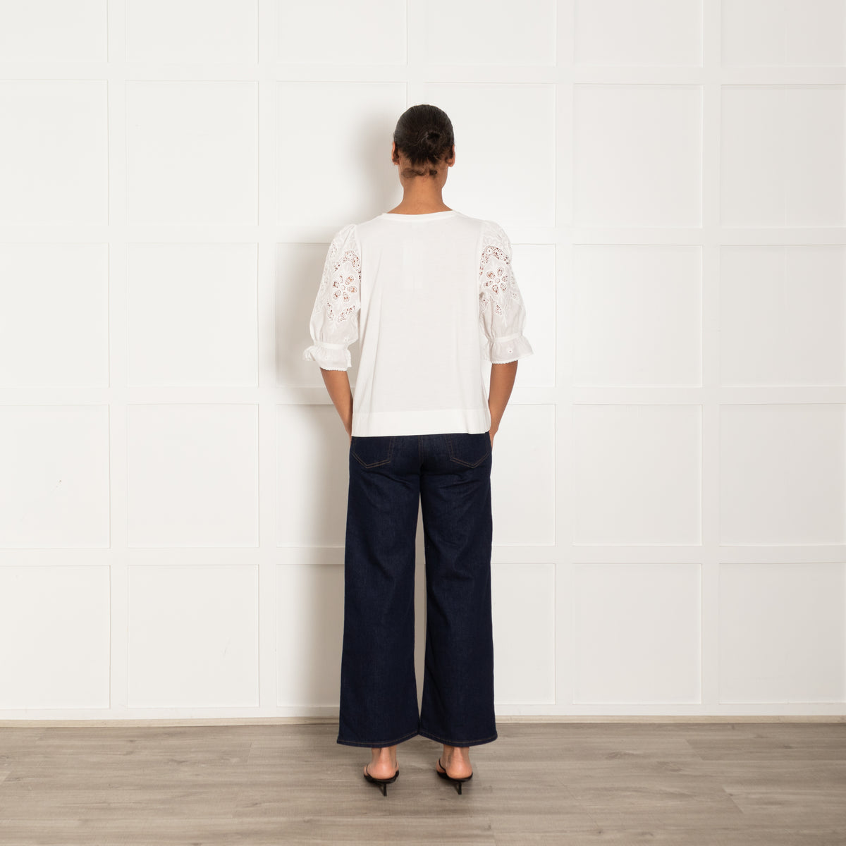 Me + Em White Cotton Top With Broderie Anglaise Sleeves