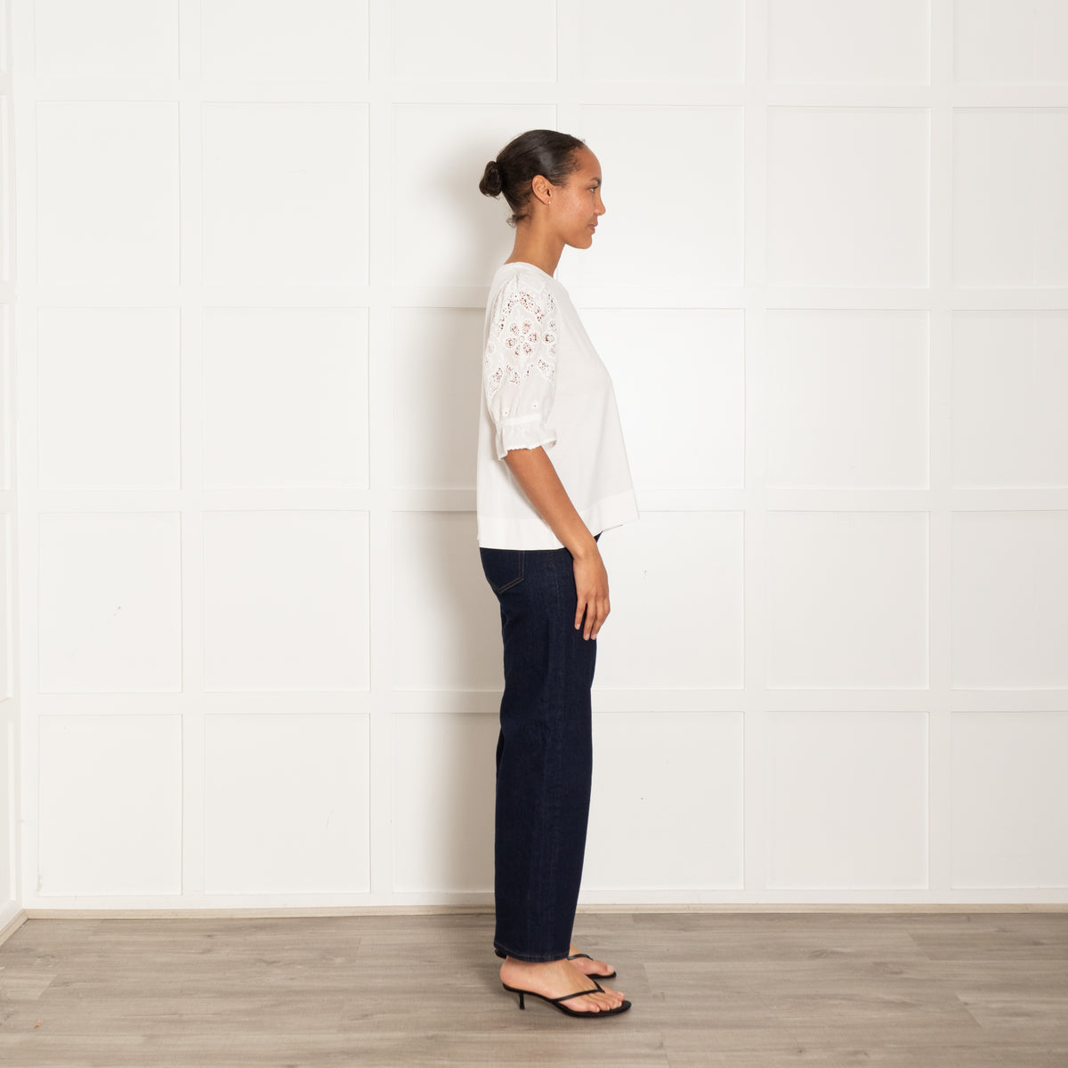 Me + Em White Cotton Top With Broderie Anglaise Sleeves