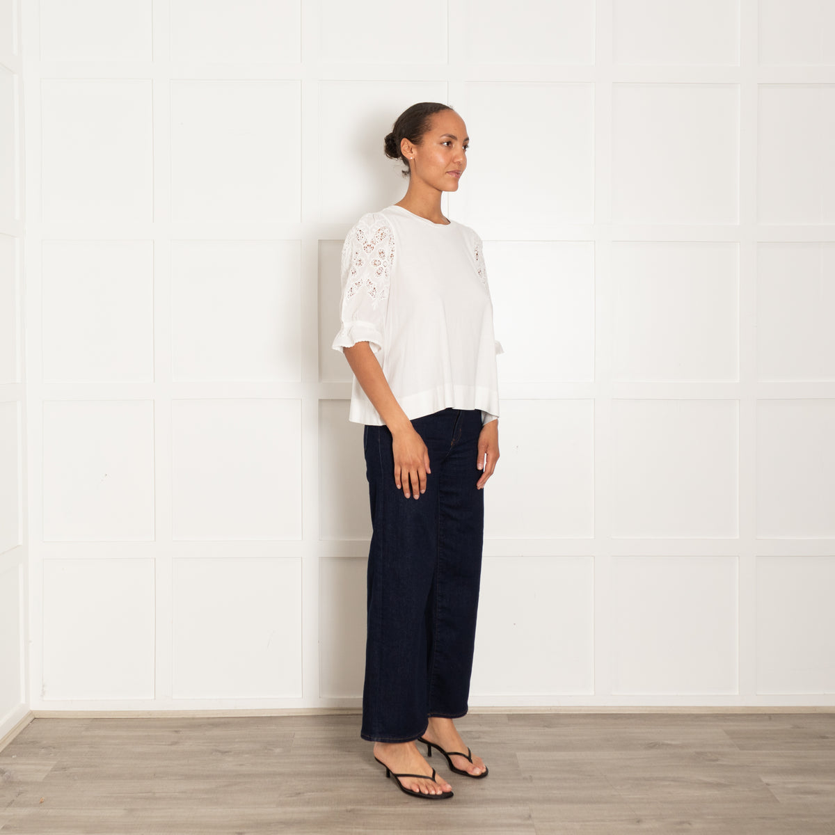 Me + Em White Cotton Top With Broderie Anglaise Sleeves
