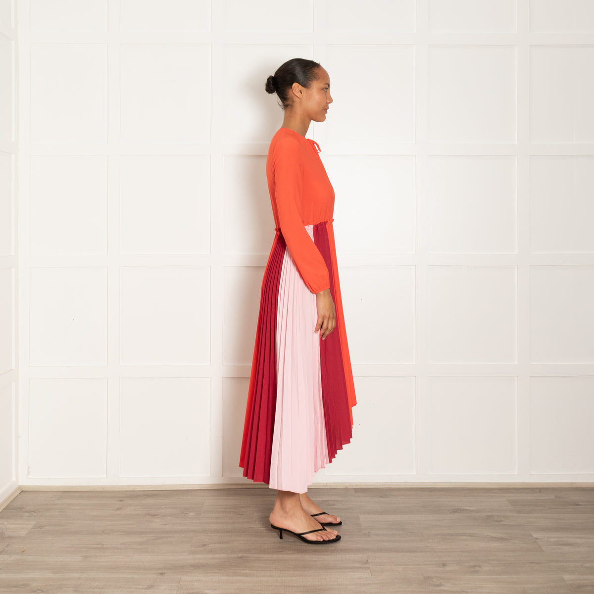 Maje Orange Burgundy Pink Pleated Sleeved Maxi Dress