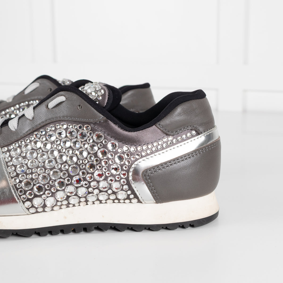 Gina Grey Leather Silver Diamanté Trainers
