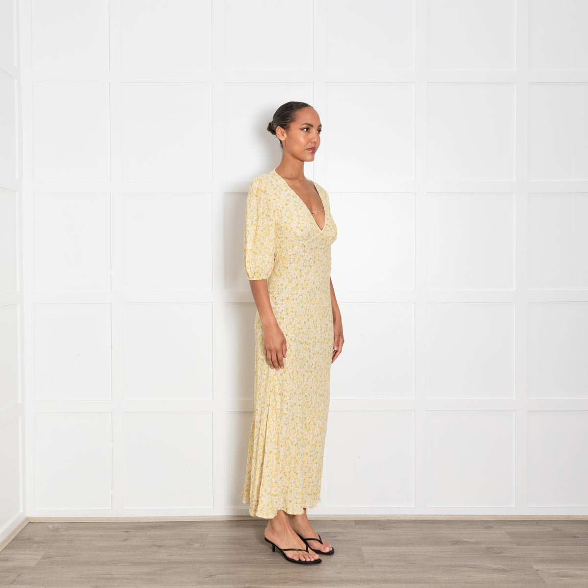 Rixo Yellow Floral Tea Dress with Gingham Tie Back