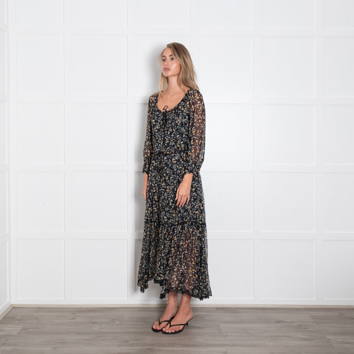 Dorothee Schumacher Sheer Green and Yellow Floral Tiered Maxi Dress