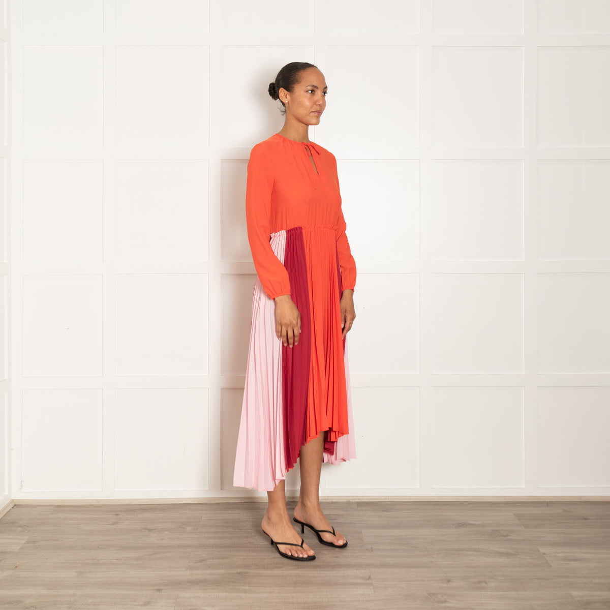 Maje Orange Burgundy Pink Pleated Sleeved Maxi Dress