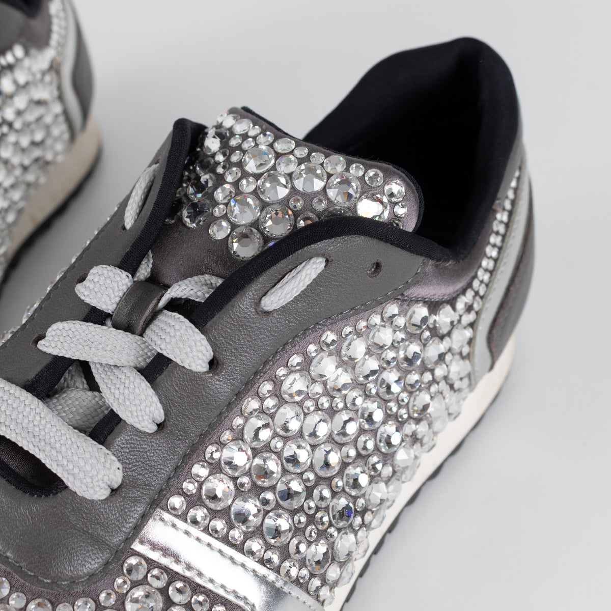 Gina Grey Leather Silver Diamanté Trainers
