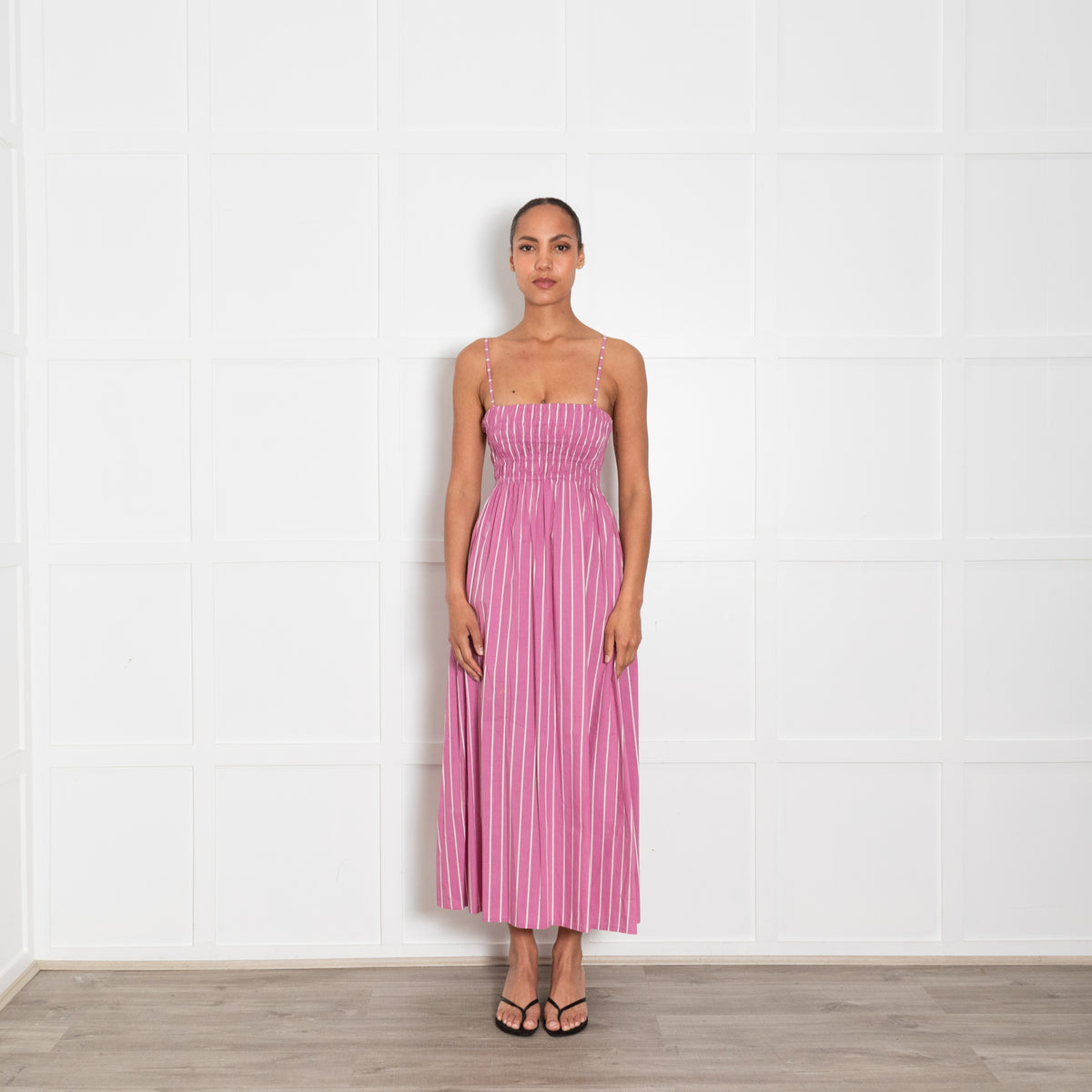 Faithfull Purple and White Stripe Shirred Bodice Midi Dress