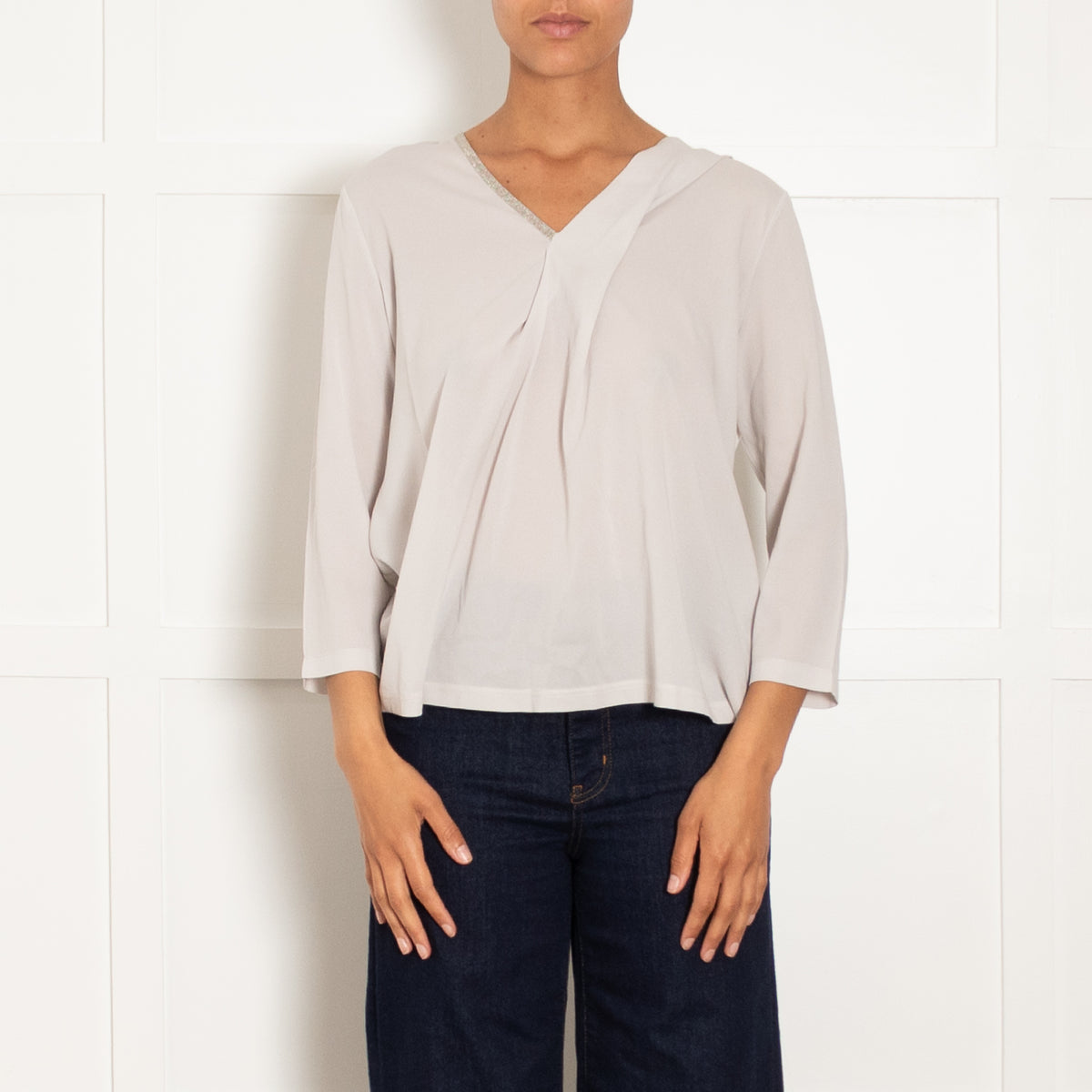 Fabiana Filippi Pale Grey Top With Embellished V Neck