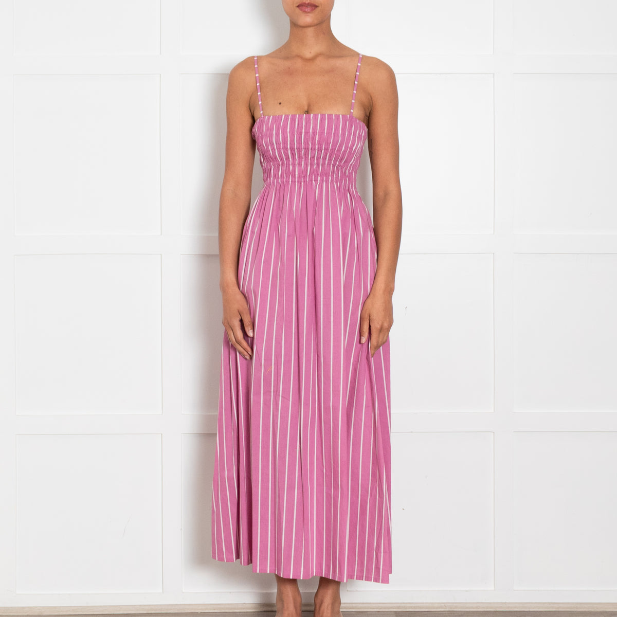 Faithfull Purple and White Stripe Shirred Bodice Midi Dress