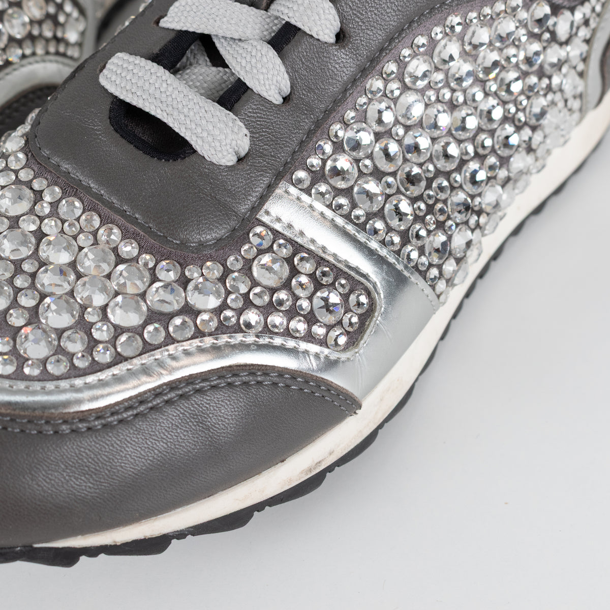 Gina Grey Leather Silver Diamanté Trainers