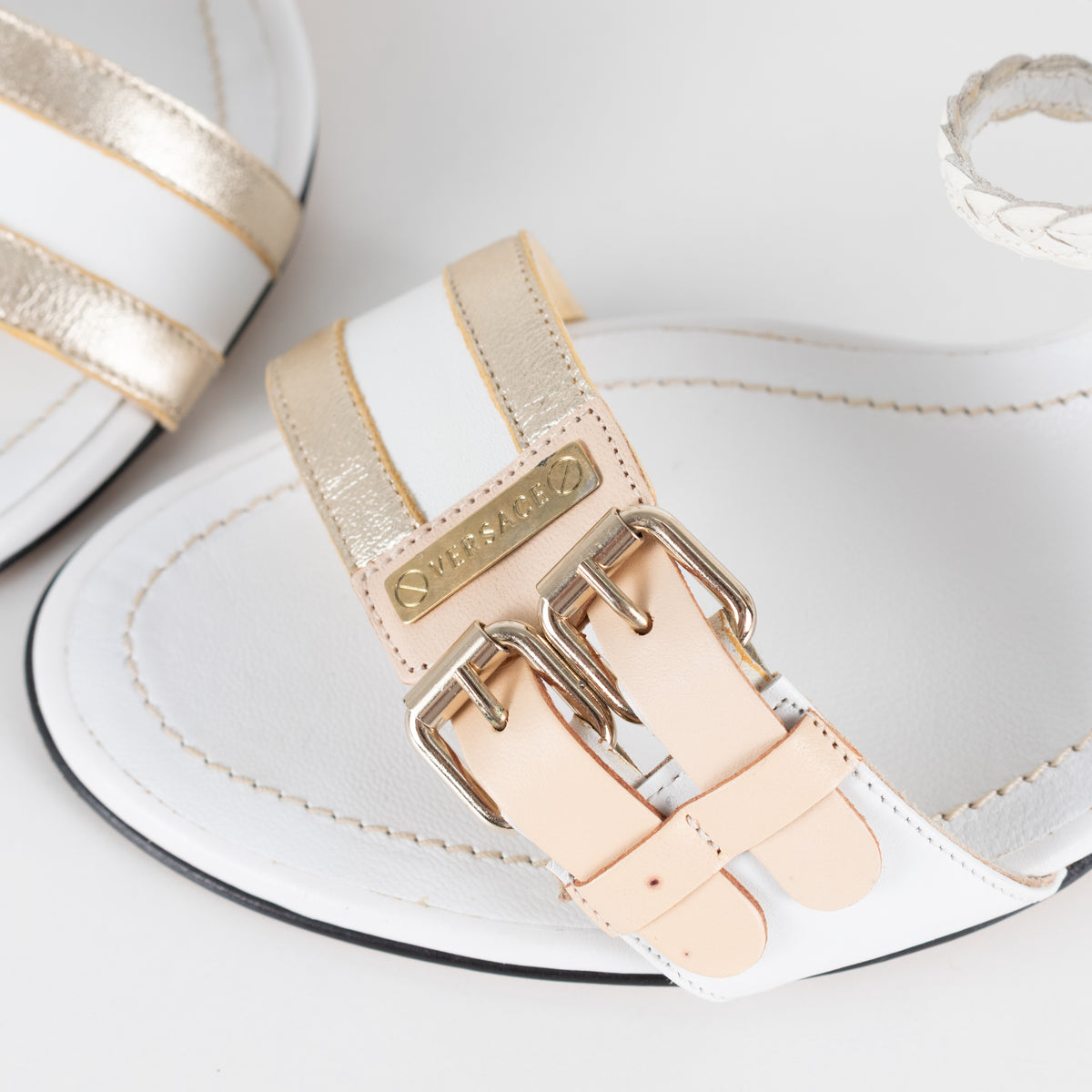 Versace White & Gold Plaited Strappy Buckle Heels