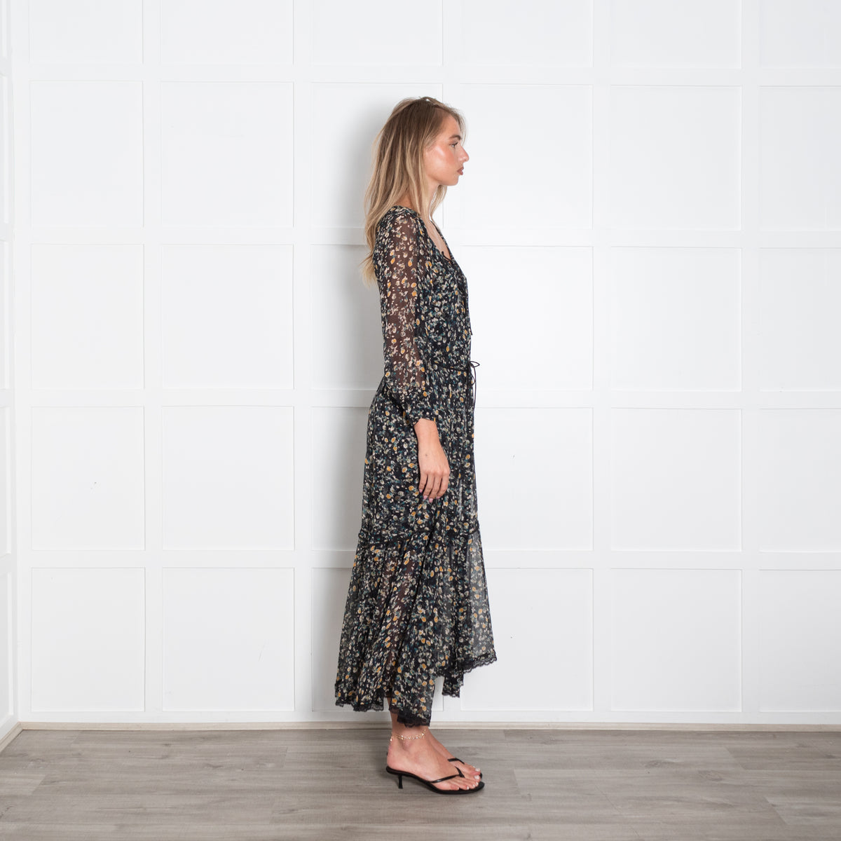 Dorothee Schumacher Sheer Green and Yellow Floral Tiered Maxi Dress
