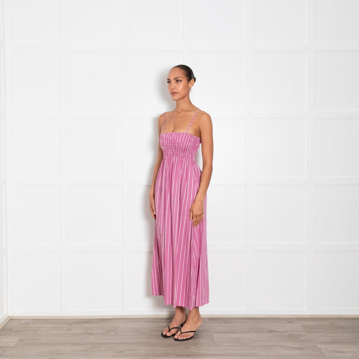 Faithfull Purple and White Stripe Shirred Bodice Midi Dress