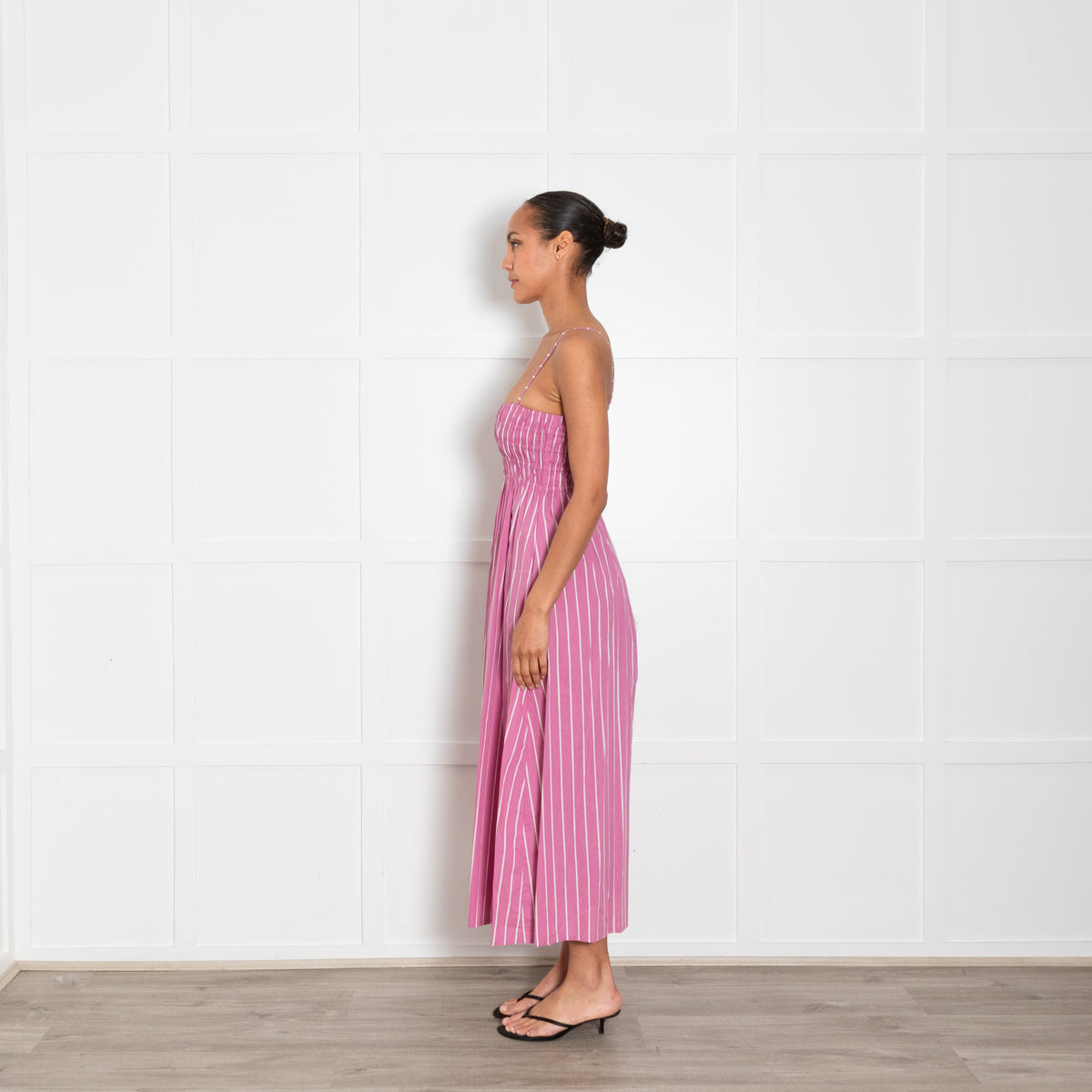 Faithfull Purple and White Stripe Shirred Bodice Midi Dress