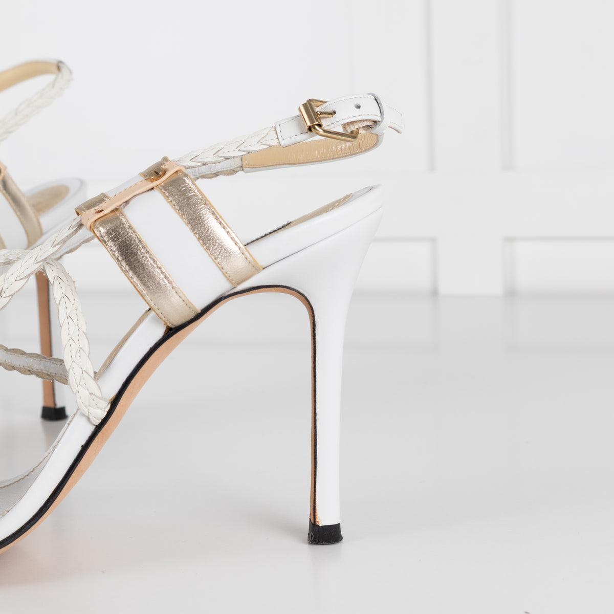 Versace White & Gold Plaited Strappy Buckle Heels