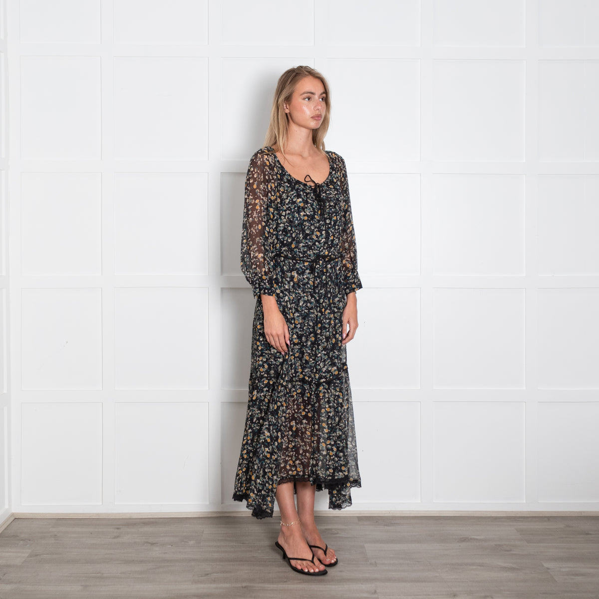 Dorothee Schumacher Sheer Green and Yellow Floral Tiered Maxi Dress