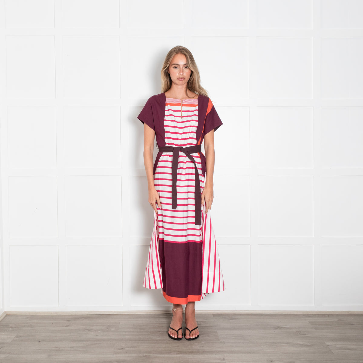 Piazza Sempione Burgundy and White Stripe Cotton Midi Dress
