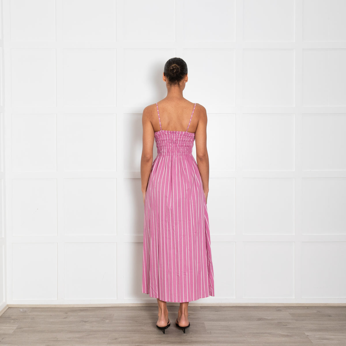 Faithfull Purple and White Stripe Shirred Bodice Midi Dress