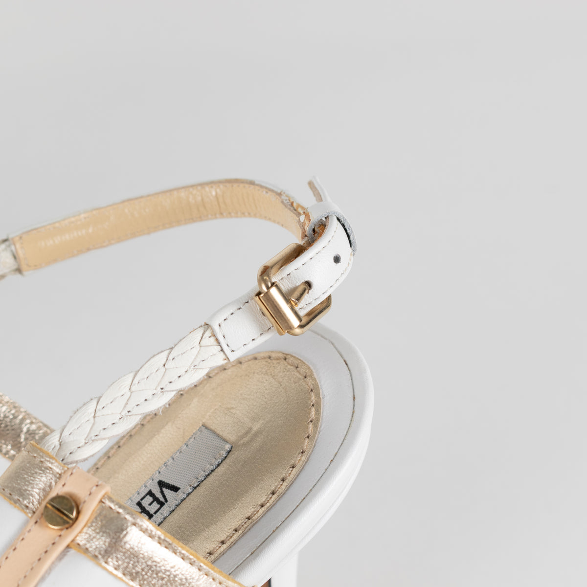 Versace White & Gold Plaited Strappy Buckle Heels