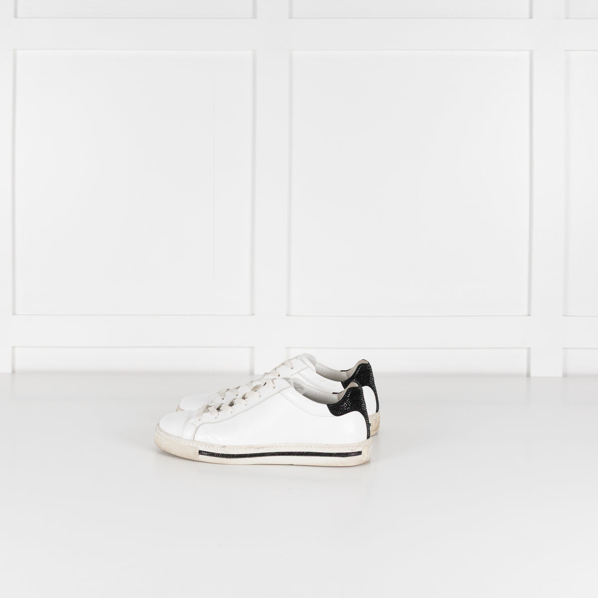 Rene Caovilla White Black Diamante Leather Trainers