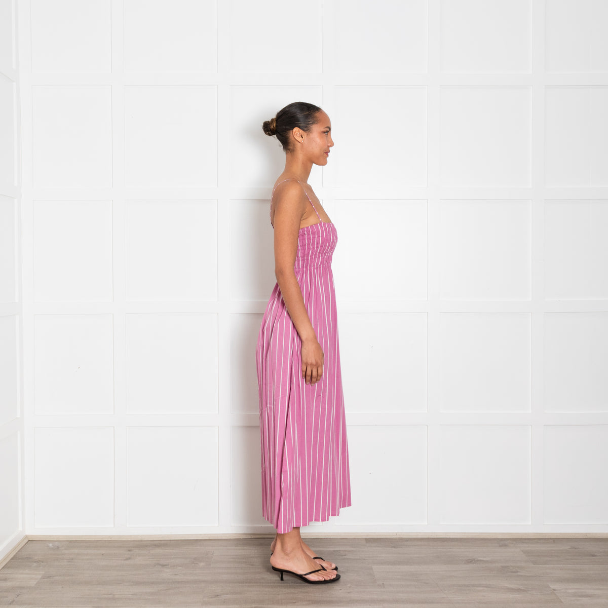 Faithfull Purple and White Stripe Shirred Bodice Midi Dress