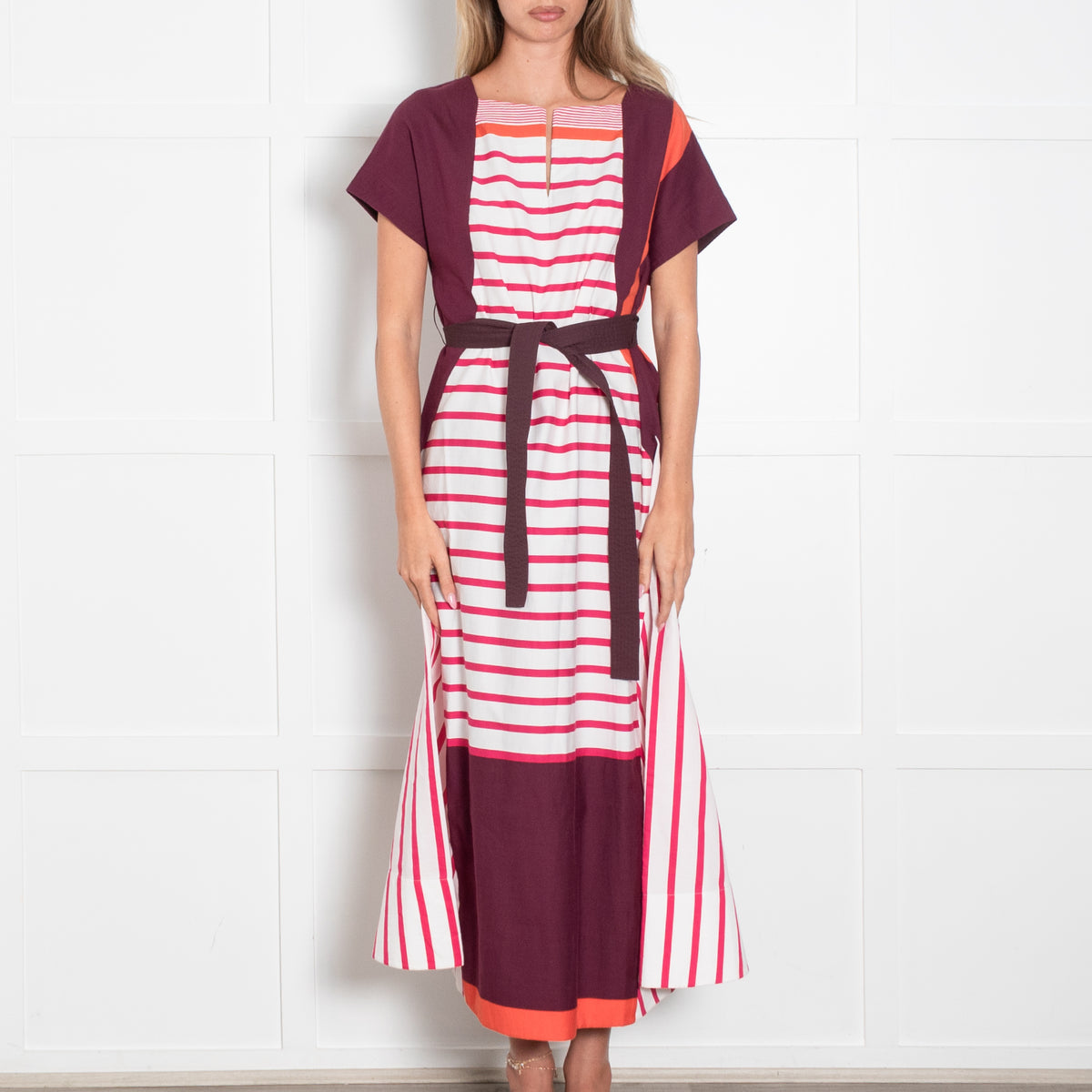 Piazza Sempione Burgundy and White Stripe Cotton Midi Dress