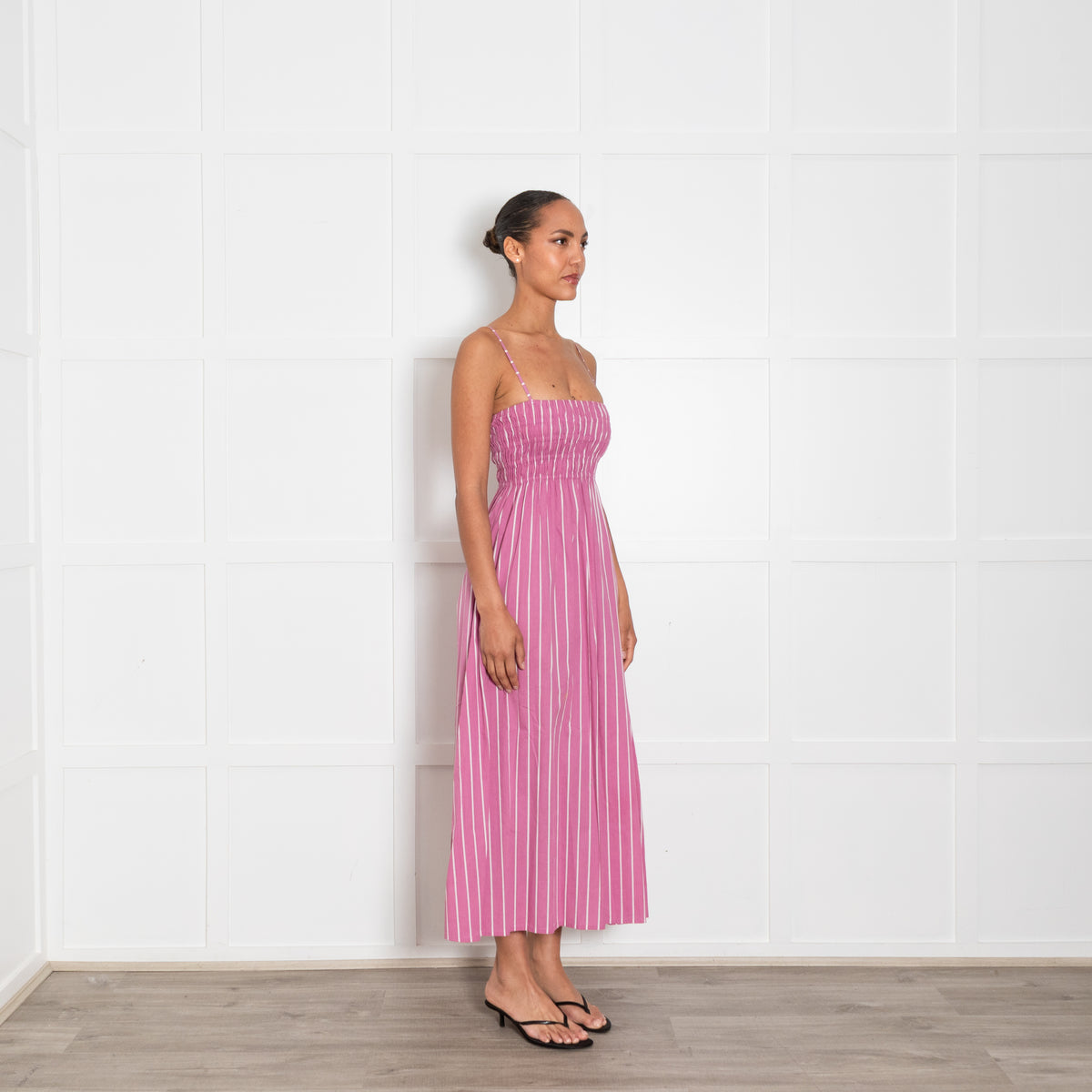 Faithfull Purple and White Stripe Shirred Bodice Midi Dress