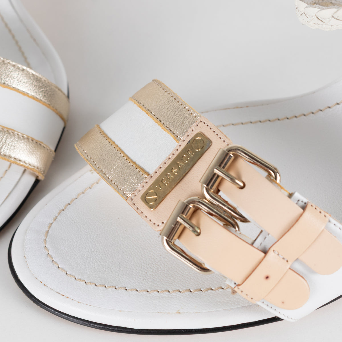 Versace White & Gold Plaited Strappy Buckle Heels