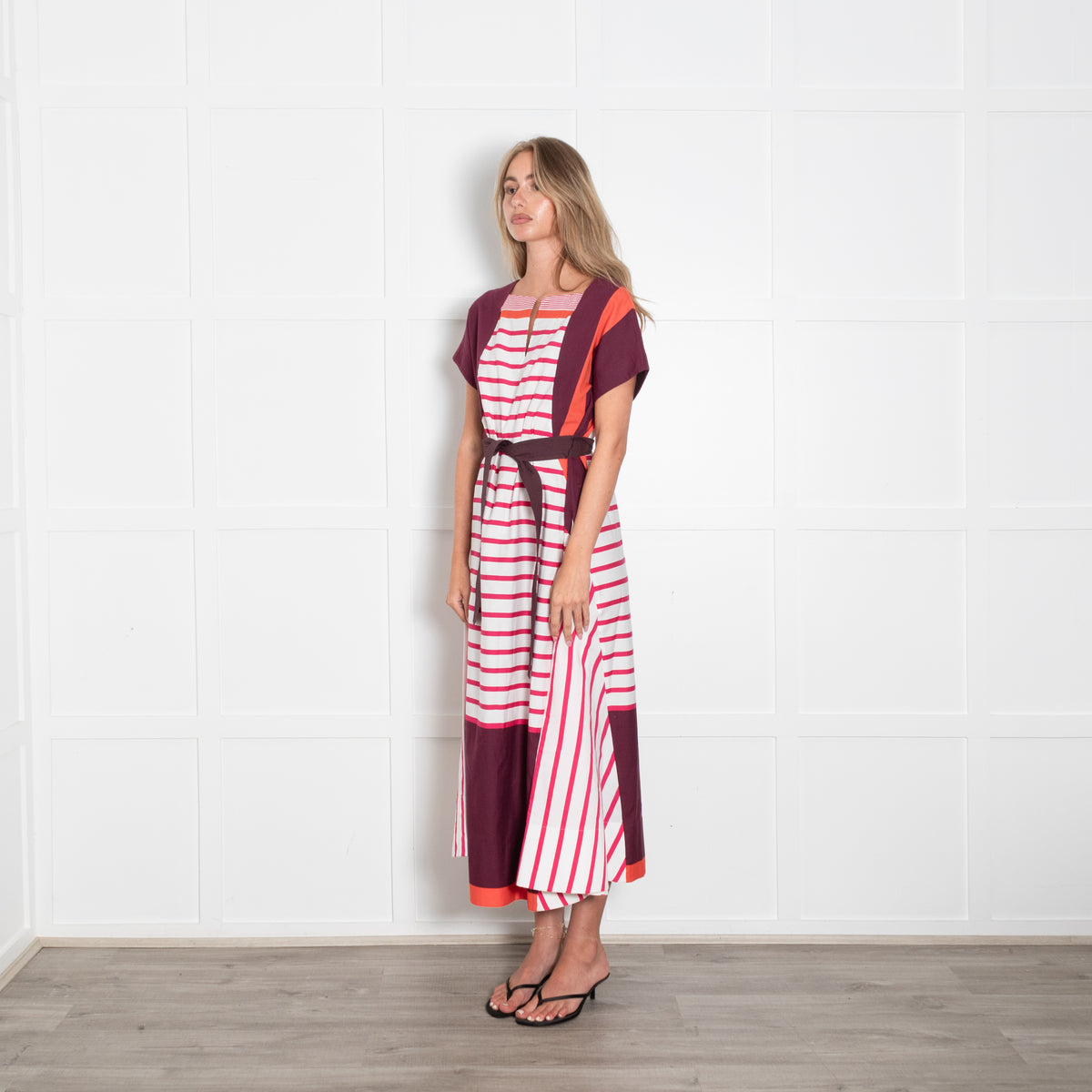 Piazza Sempione Burgundy and White Stripe Cotton Midi Dress