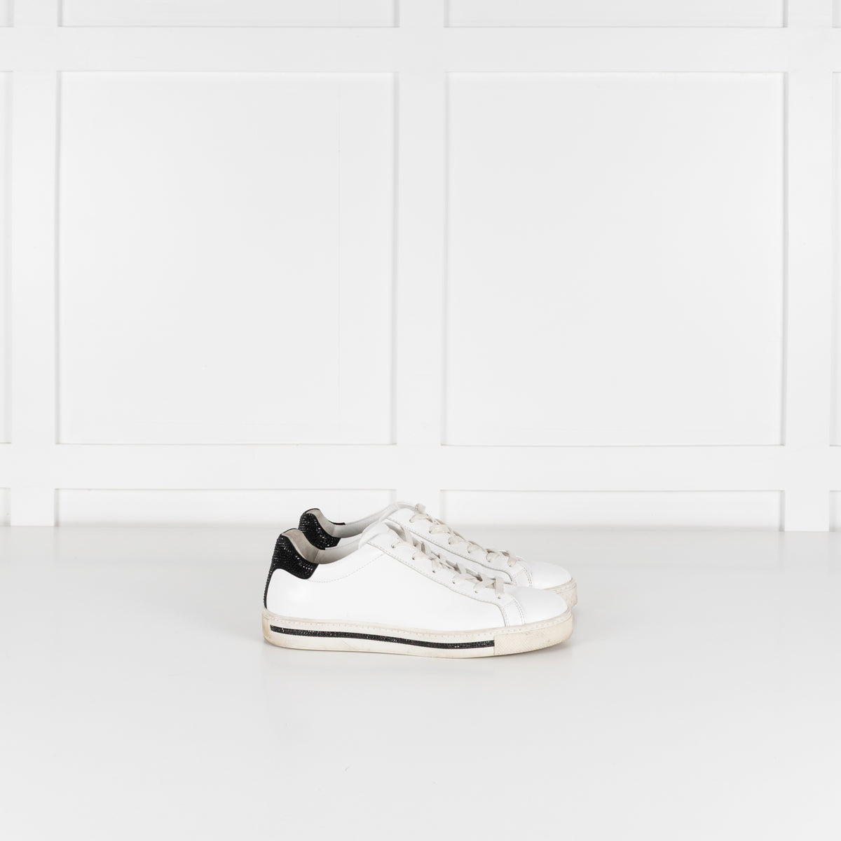 Rene Caovilla White Black Diamante Leather Trainers