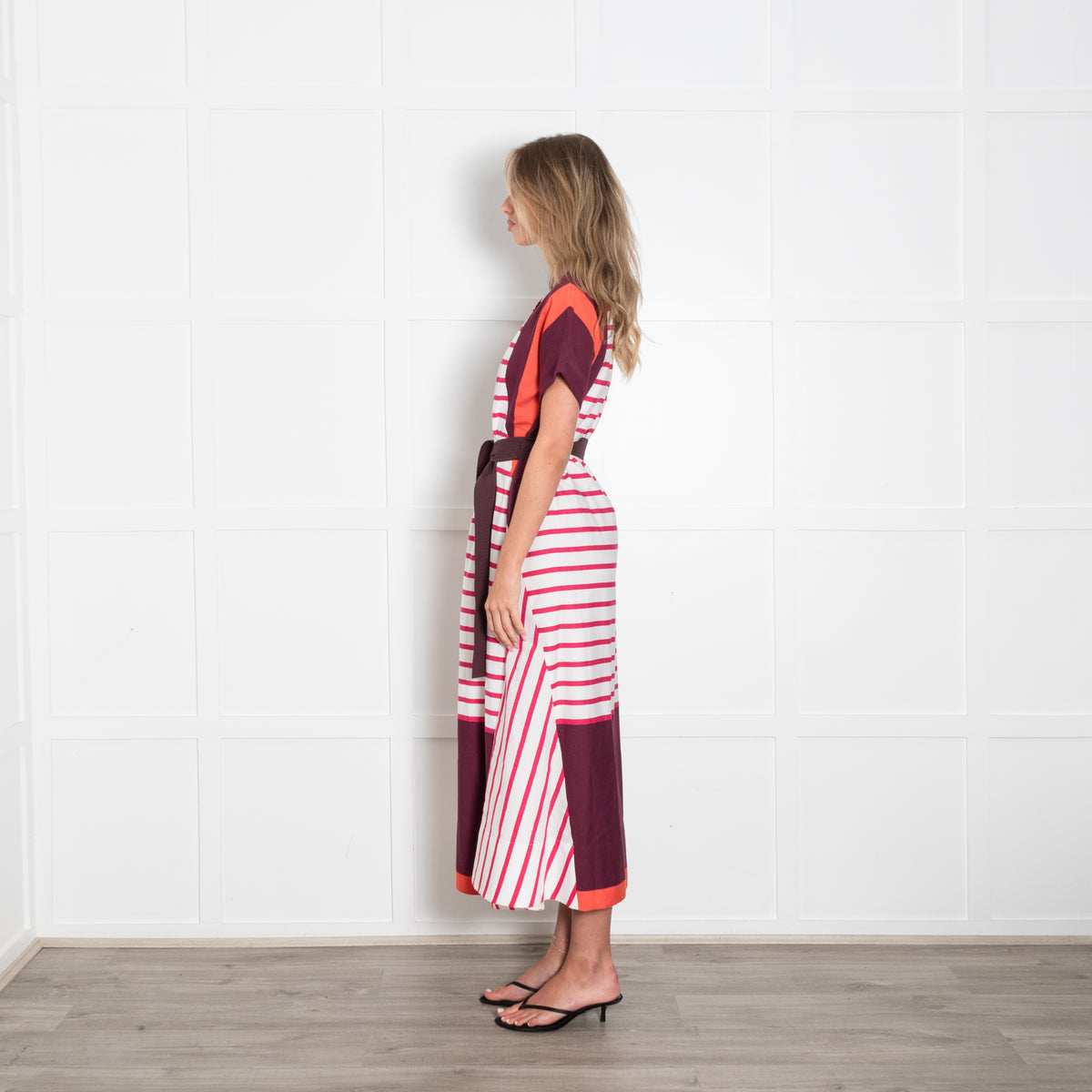 Piazza Sempione Burgundy and White Stripe Cotton Midi Dress
