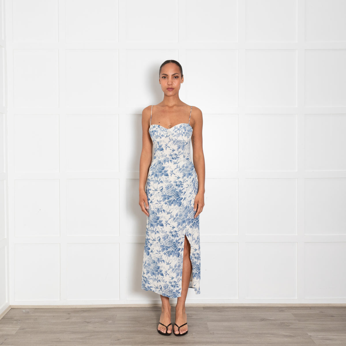 Reformation Blue and Cream Floral Spaghetti Strap Midi Dress