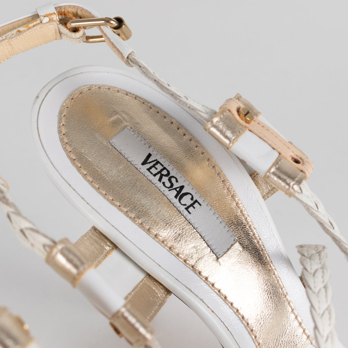 Versace White & Gold Plaited Strappy Buckle Heels