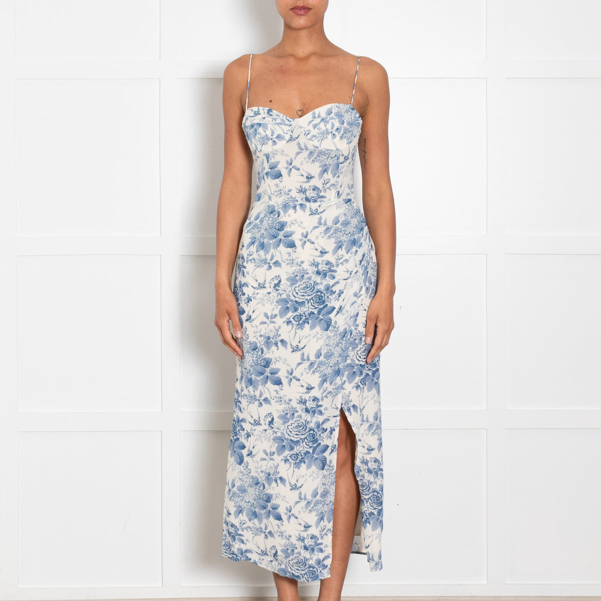 Reformation Blue and Cream Floral Spaghetti Strap Midi Dress