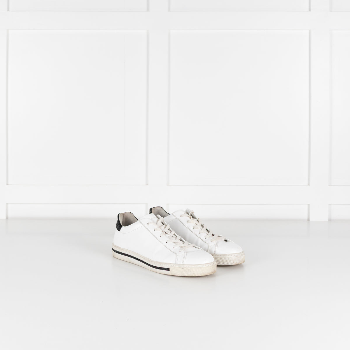 Rene Caovilla White Black Diamante Leather Trainers